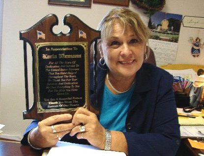 18th Artillery Honorary Hall of fame member Karla Niemann - Holding her appreciation plaque.